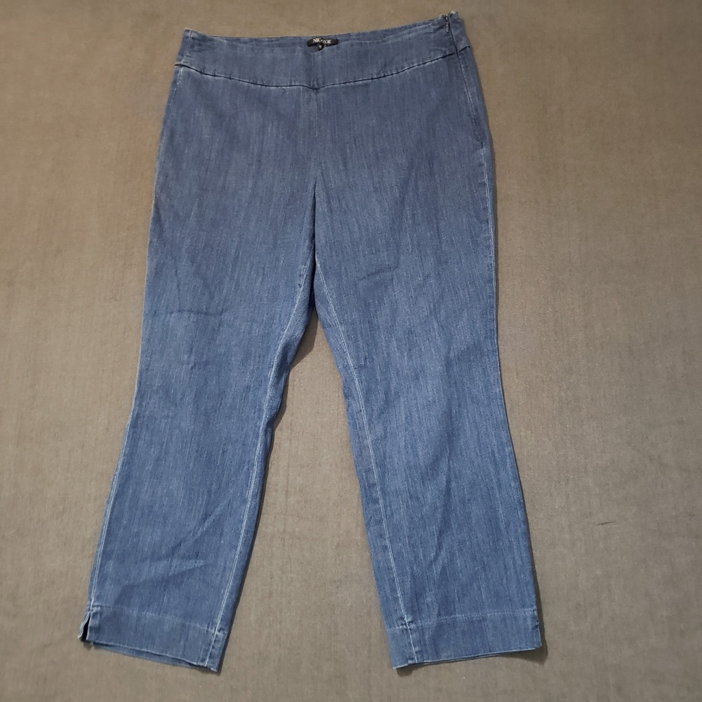 NIC+ZOE Straight Leg Pants Womens 14 Blue Denim Look‎ Side Zip Stretch Slit Hem